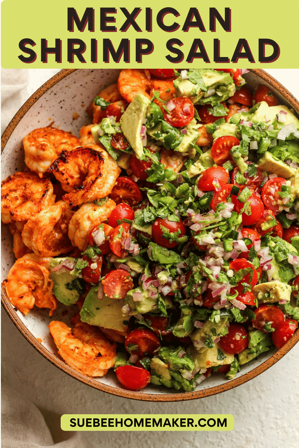 A bowl of the sauteed shrimp with the fresh toppings on top.