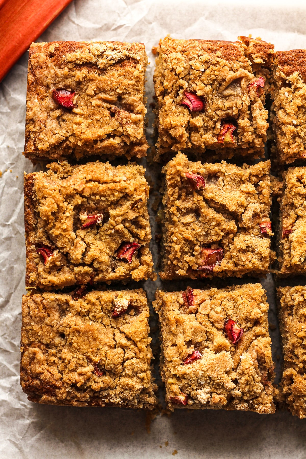 Overhead view of a sliced rhubarb cake.