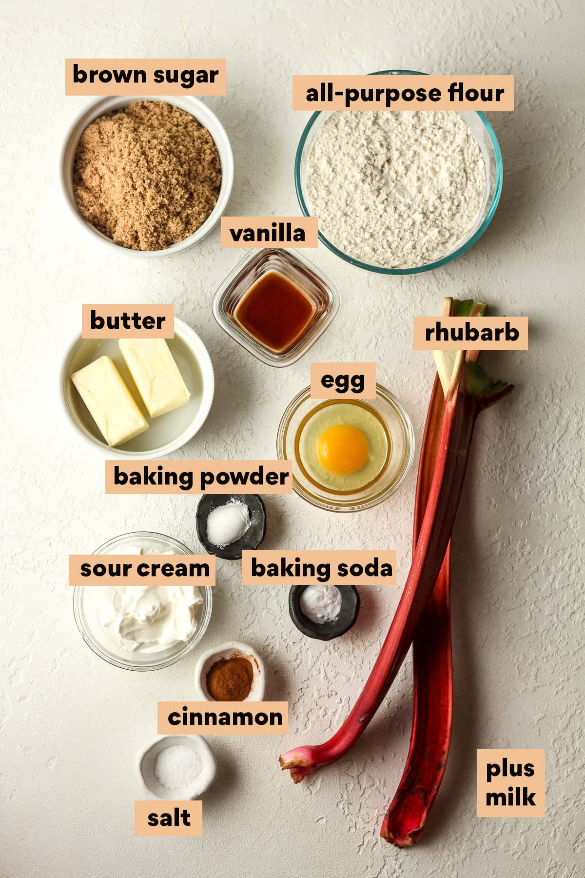 Labeled ingredients for the rhubarb cake.