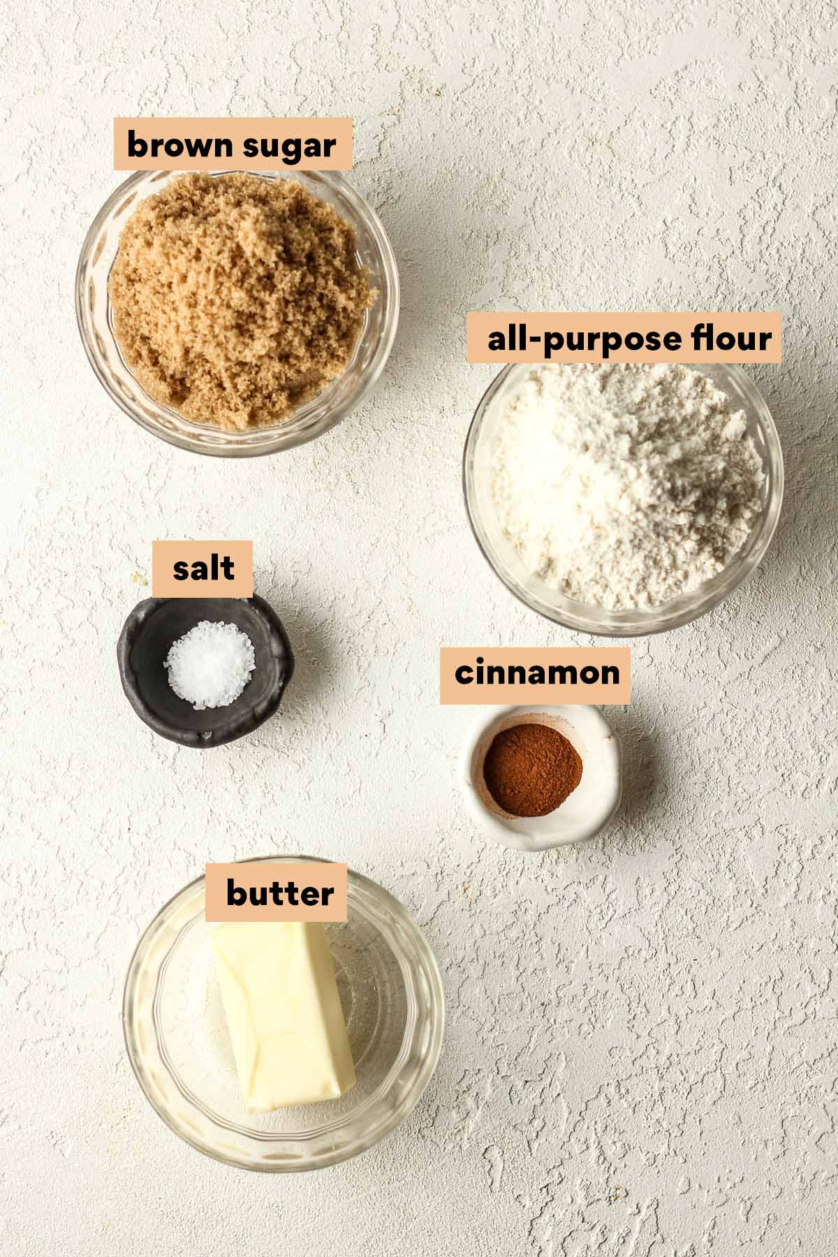 Labeled ingredients for the streusel topping.