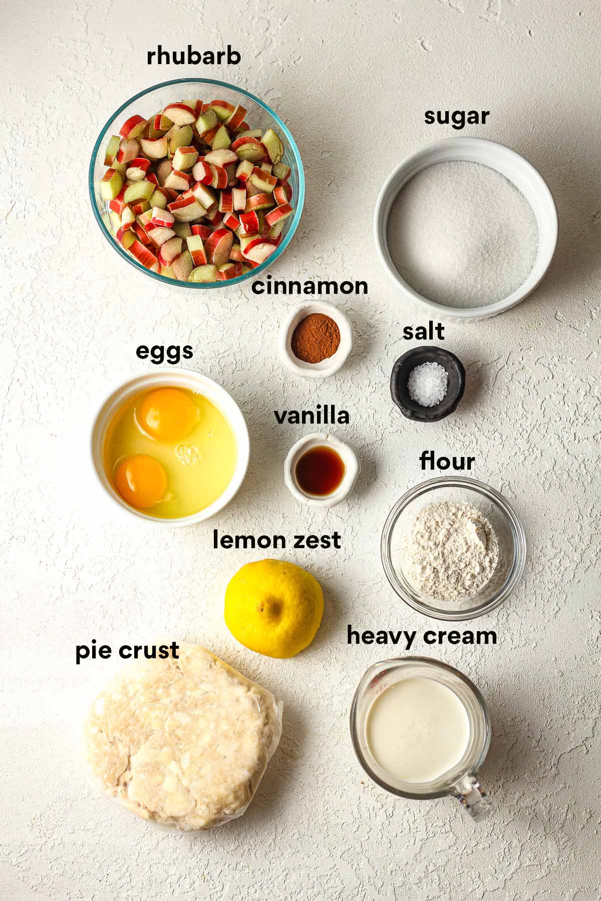 Labeled ingredients for rhubarb custard pie.