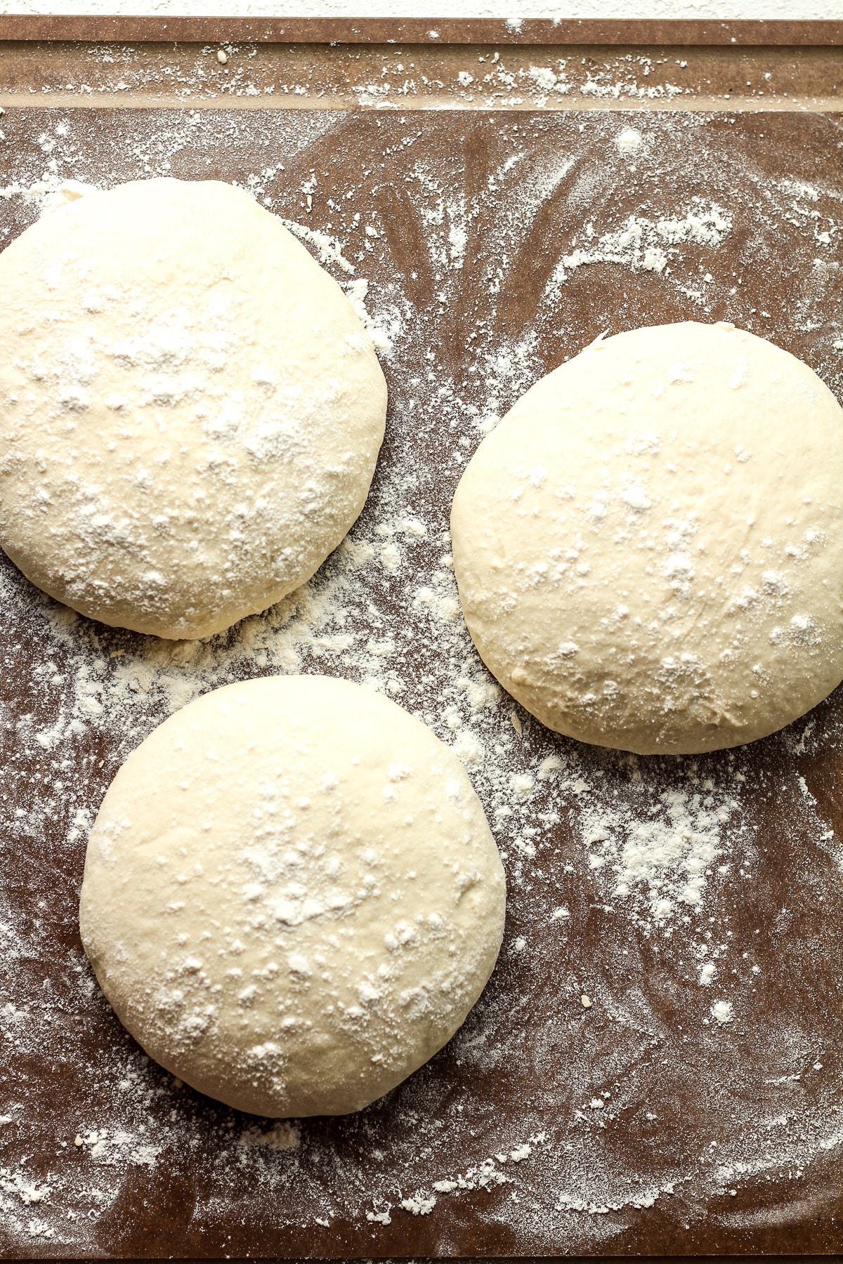Overhead view of three rounds of sourdough discard dough.