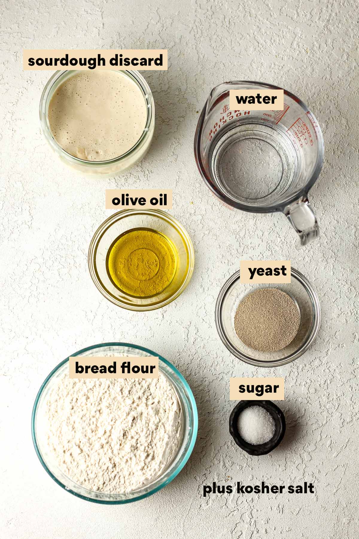Labeled ingredients for sourdough discard pizza dough recipe.