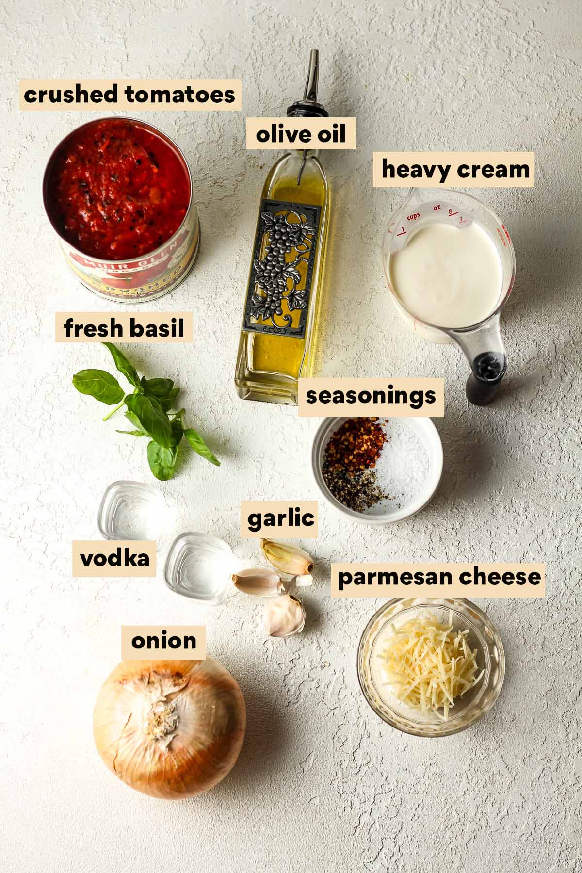 Labeled ingredients for the vodka pizza sauce.