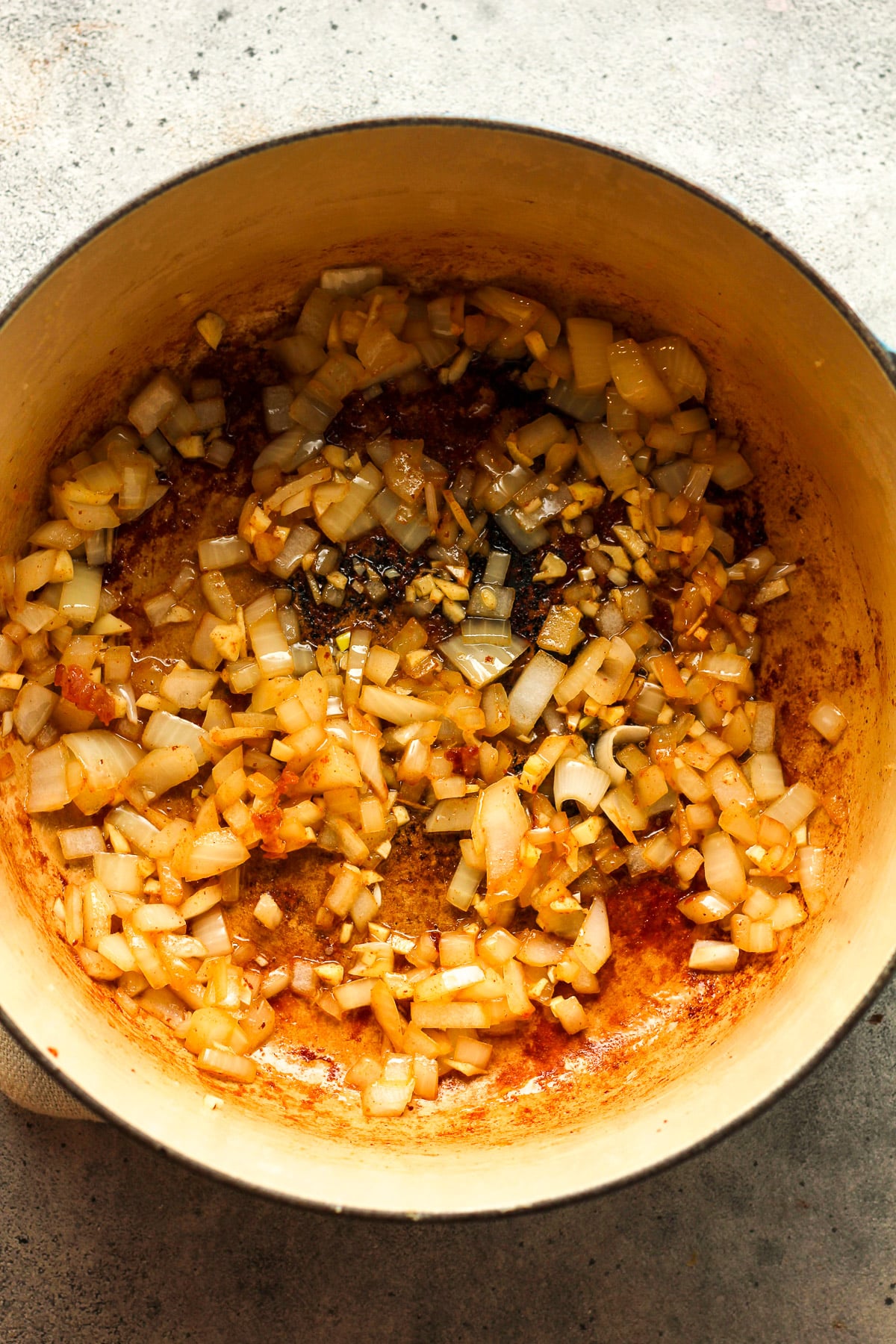 A pot of the sauteed onions and garlic.
