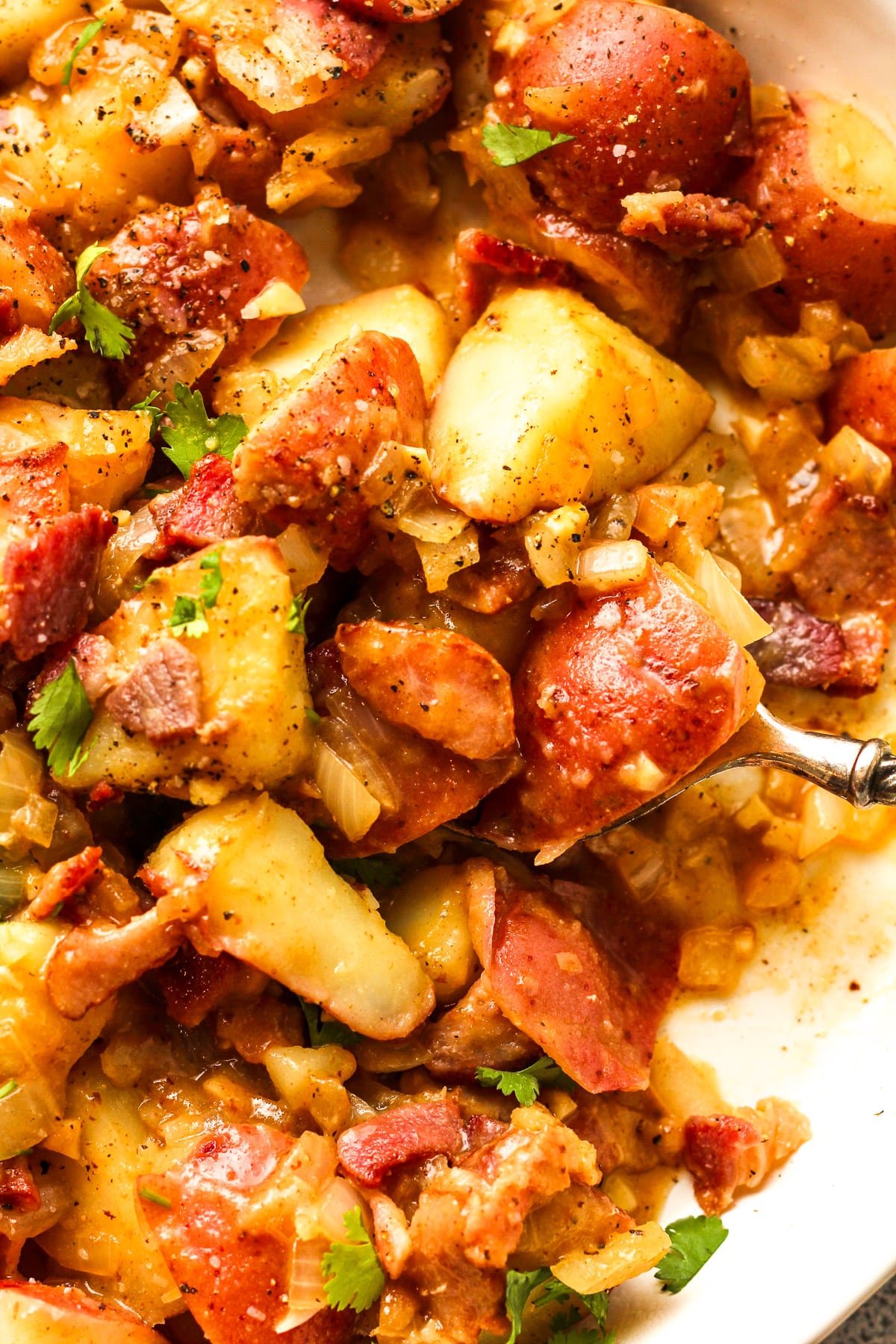 Closeup on German potato salad with a spoonful.