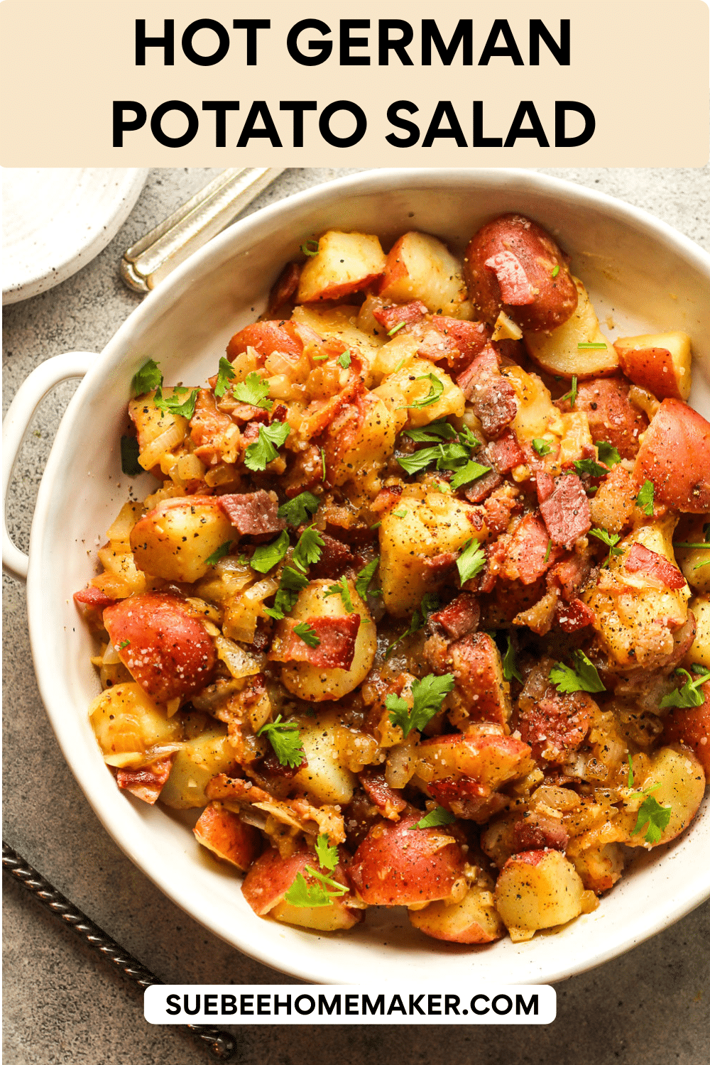 A shallow dish of Hot German potato salad.