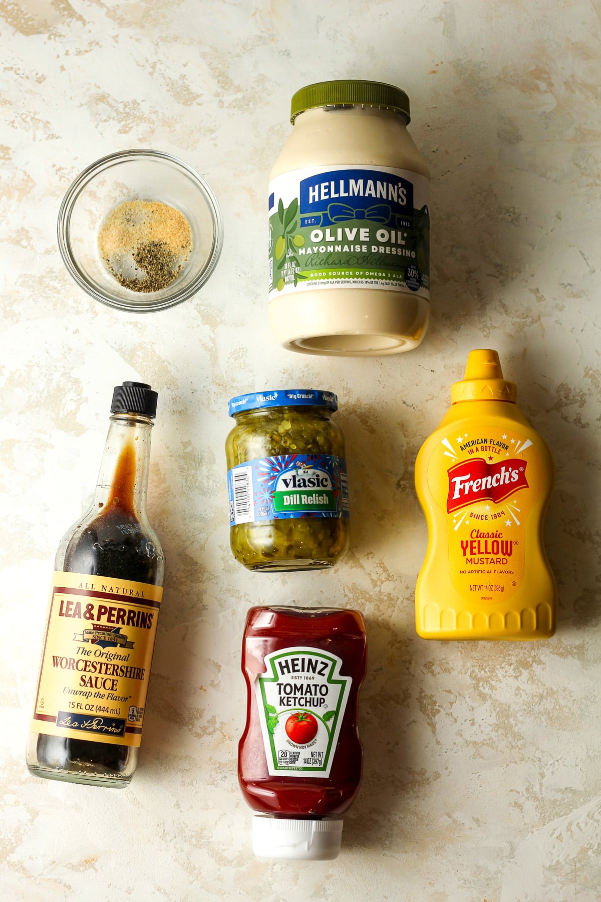 The ingredients used in the special burger sauce.