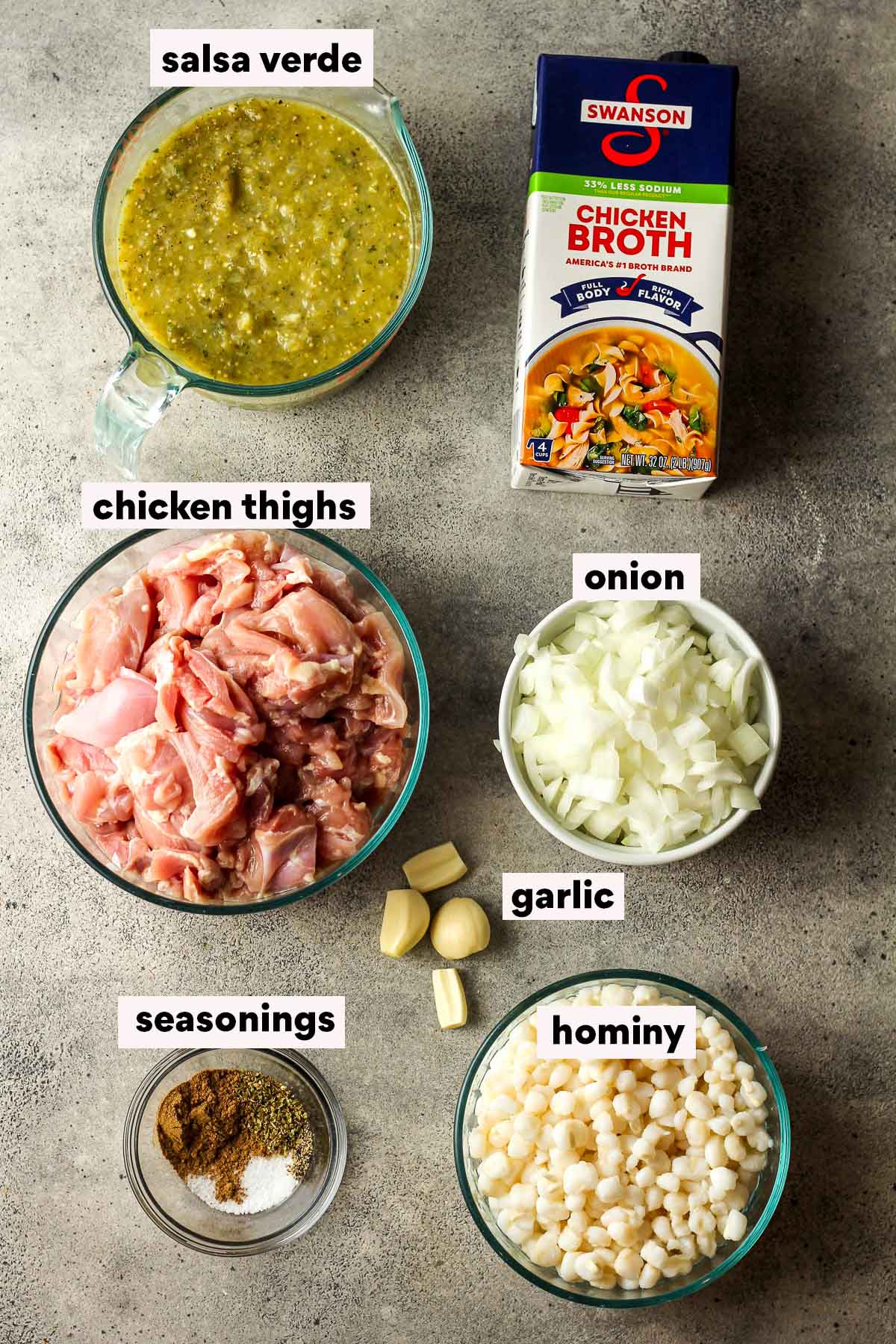 Labeled ingredients for the chicken pozole verde.