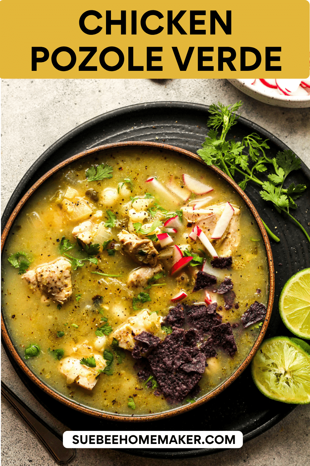 Overhead view of a bowl of chicken pozole verde with cilantro and blue chips.