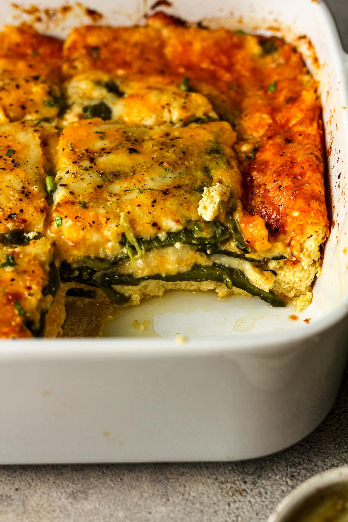 Side view of the insides of the chile relleno casserole.