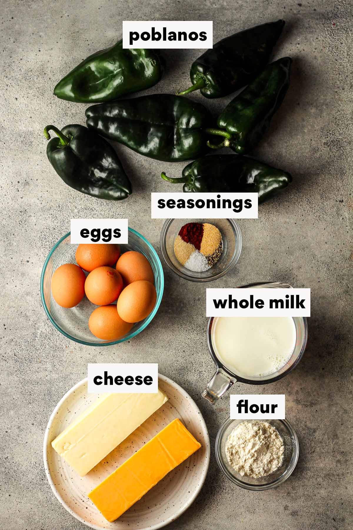 Labeled ingredients for chile relleno casserole.