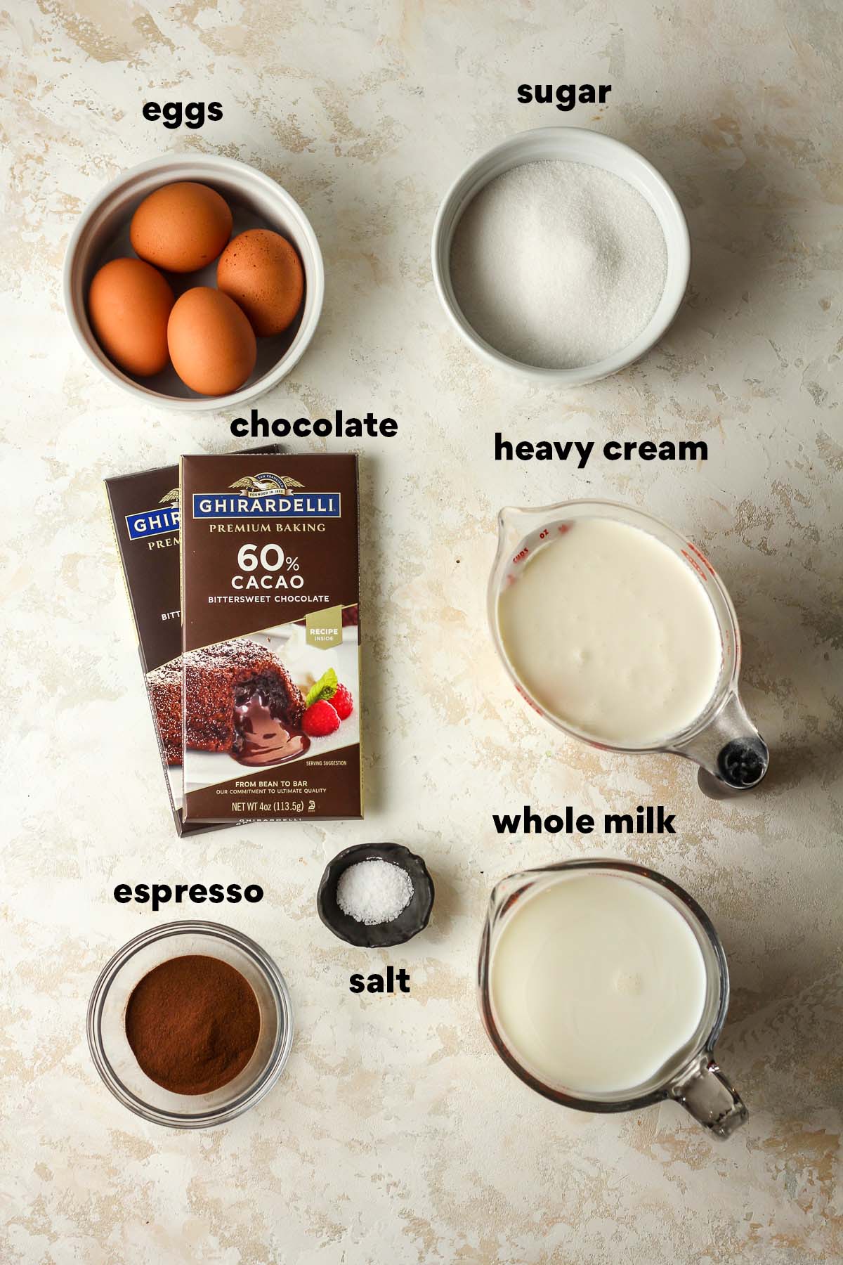 Labeled ingredients for espresso stracciatella ice cream.