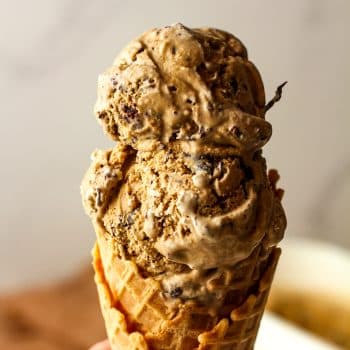 Closeup on the double dip of espresso chip ice cream.