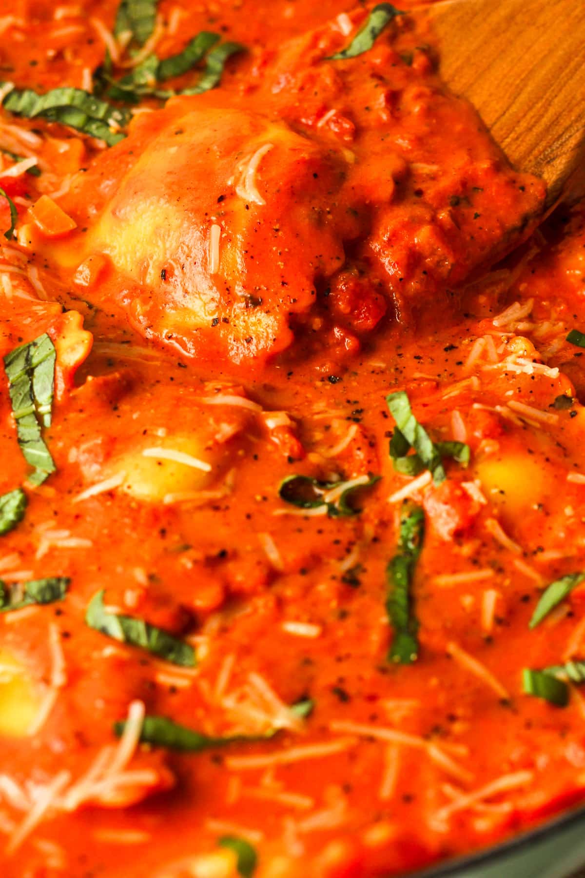 Closeup on some ravioli with vodka sauce.