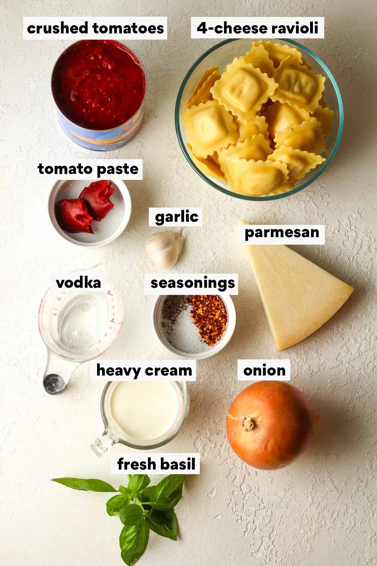 Labeled ingredients for ravioli alla vodka