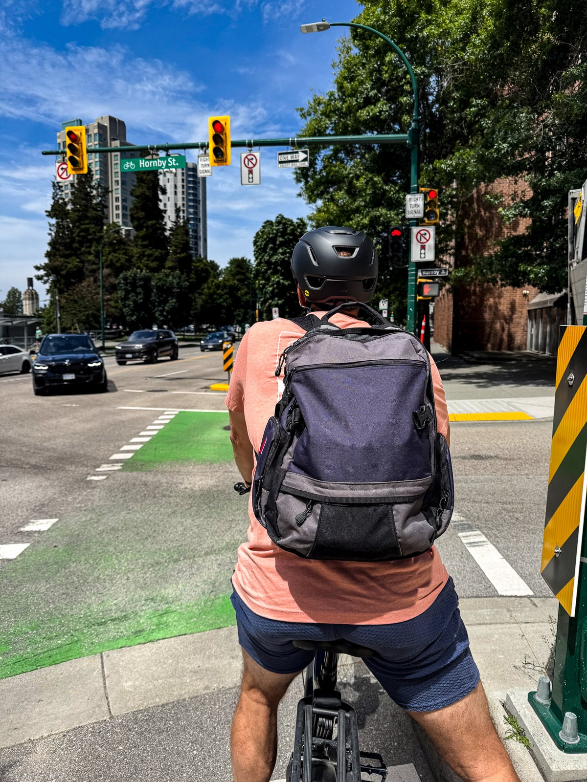 Mike on his e-bike with a backpack of groceries.