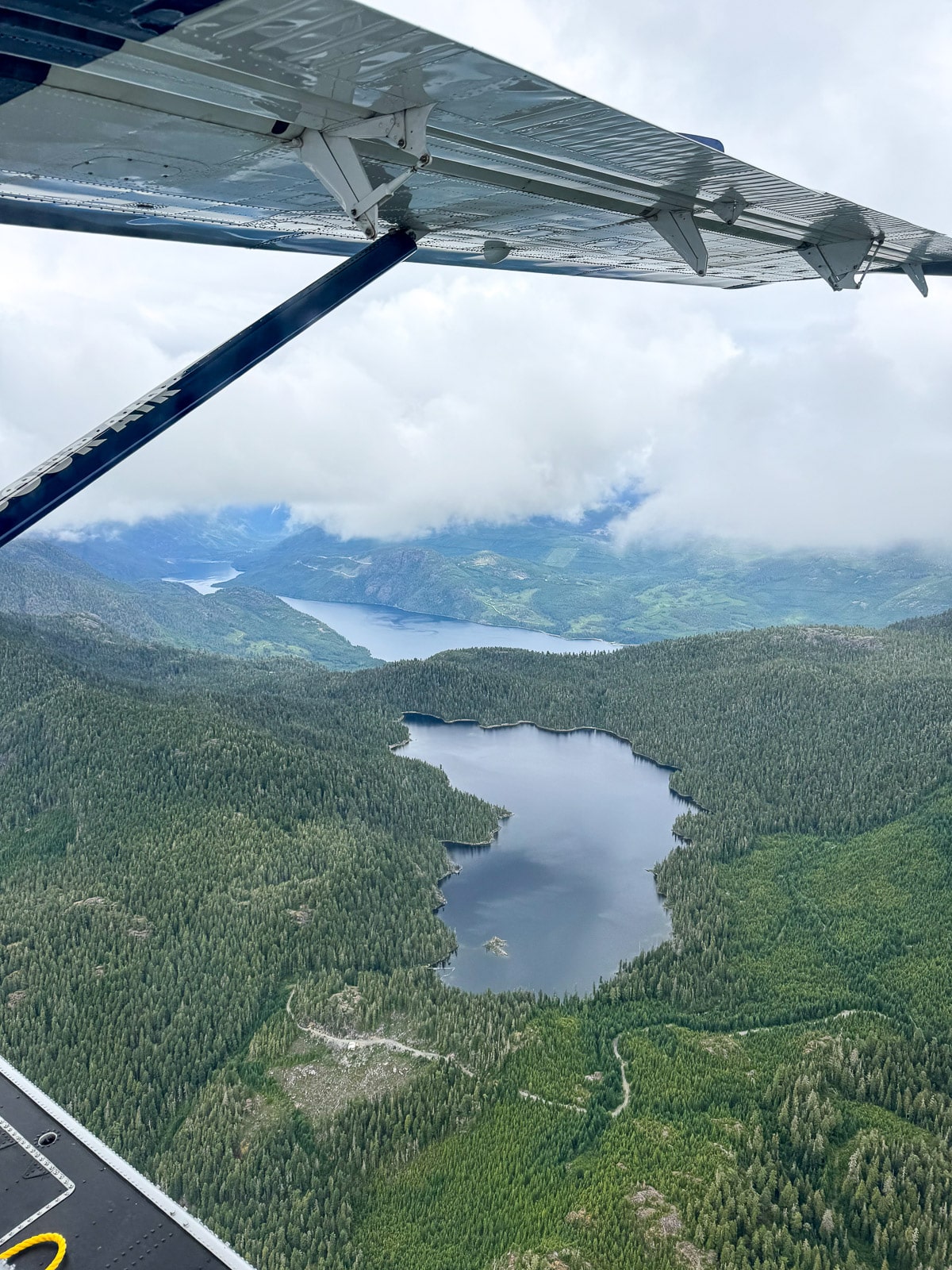A view of the lakes in the mountains from the airplane.