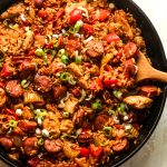Closeup on a skillet of jambalaya.