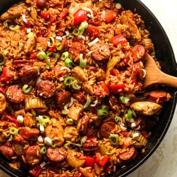 Closeup on a skillet of jambalaya.