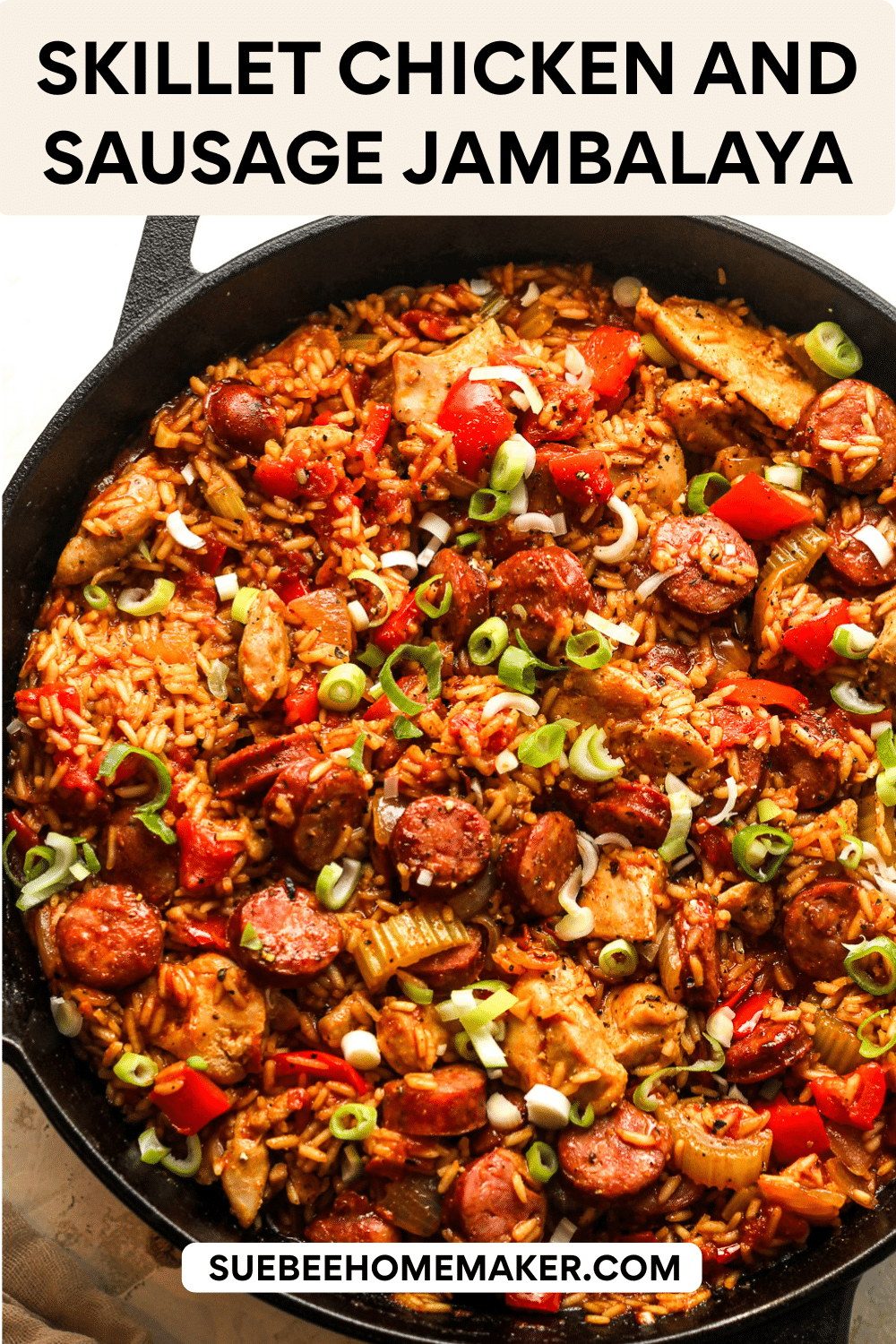 Overhead view of a skillet of chicken and sausage jambalaya.