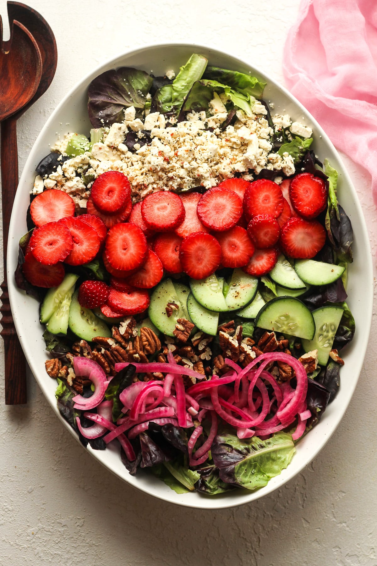 An oblong platter of the strawberry feta salad.