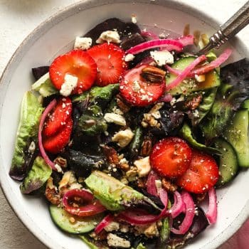 Closeup on a bowl of strawberry feta salad.