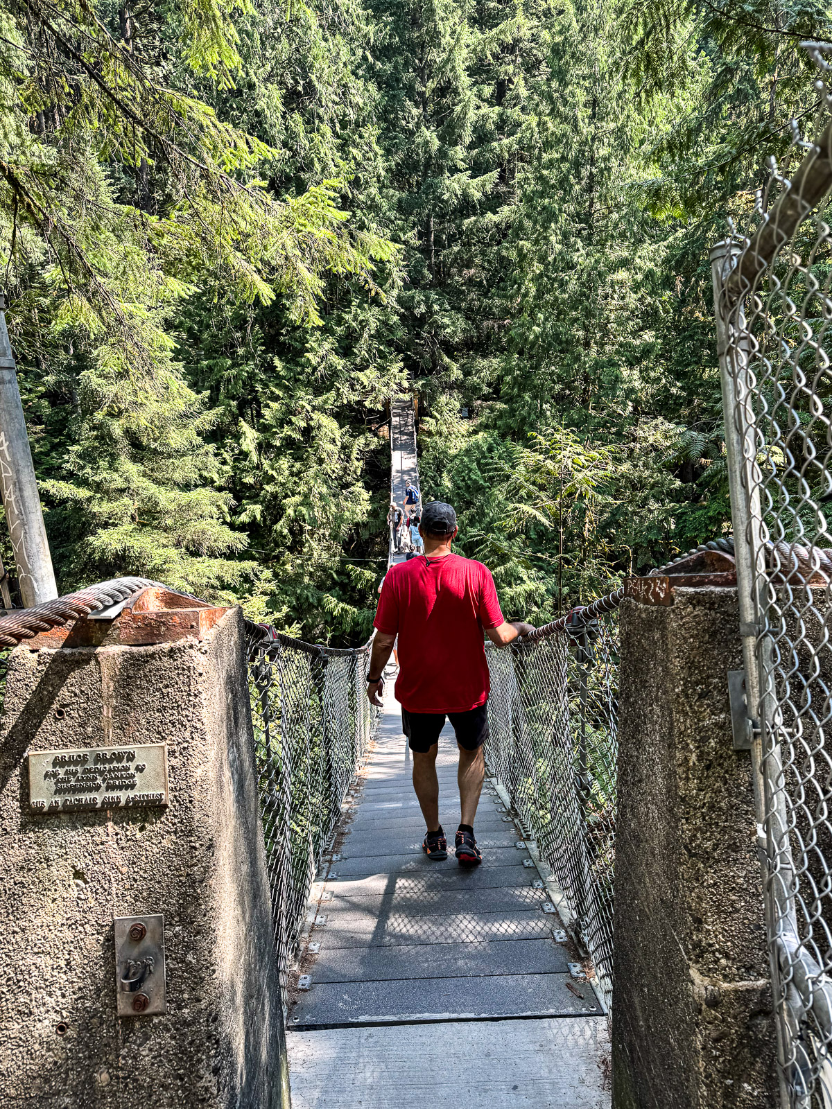 Mike crossing the suspension bridge in Lynn Canyon.