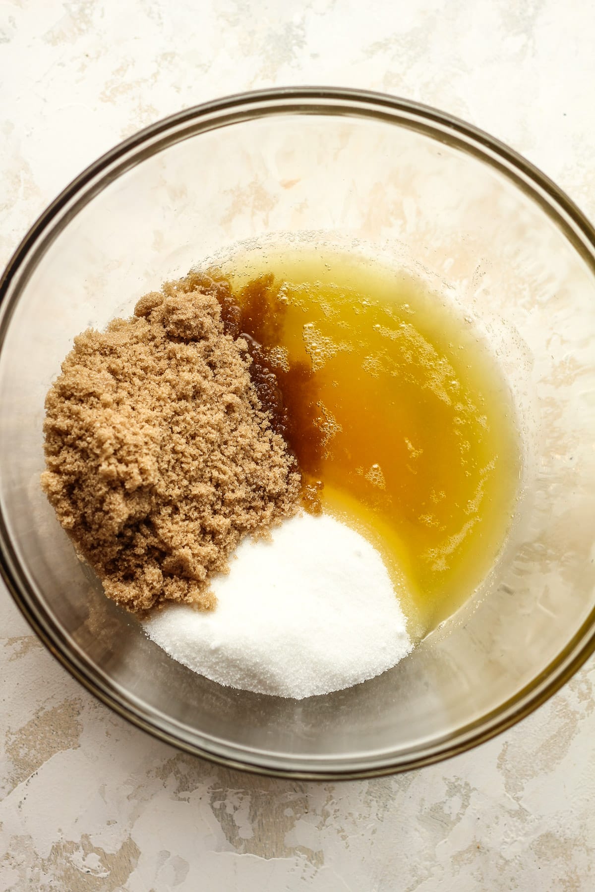 A bowl of the brown butter and sugars.