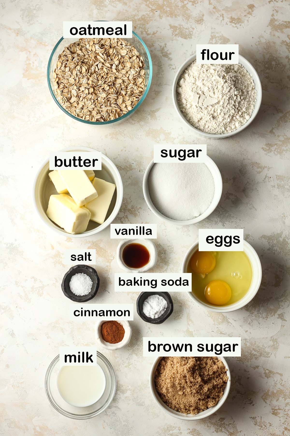 Labeled ingredients for the brown butter oatmeal cookies.