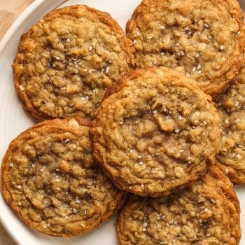 Closeup on a plate of brown butter oatmeal cookies.