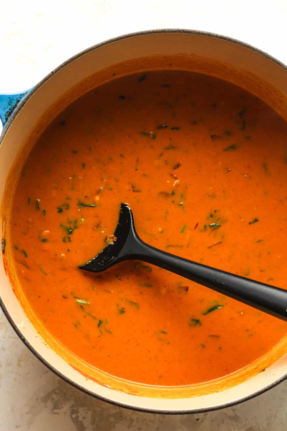 A large pot of the finished sauce before blending.