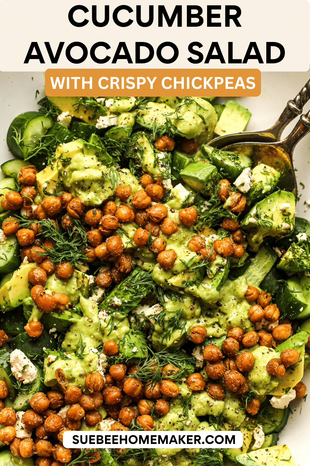 Closeup on aa cucumber avocado salad with crispy chickpeas.