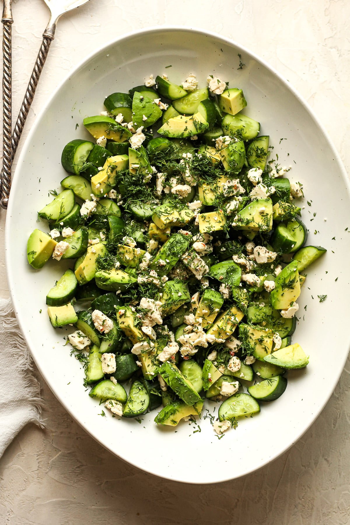 The platter of the cucumber salad before adding the dressing and chickpeas.