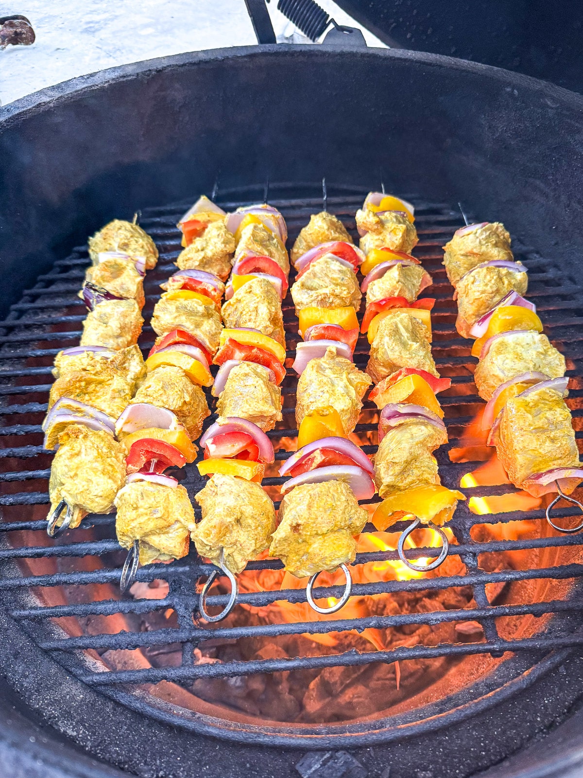 Side view of the kabobs on the Big Green Egg.