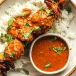 Closeup on a butter chicken kabob over rice with butter sauce on the side.