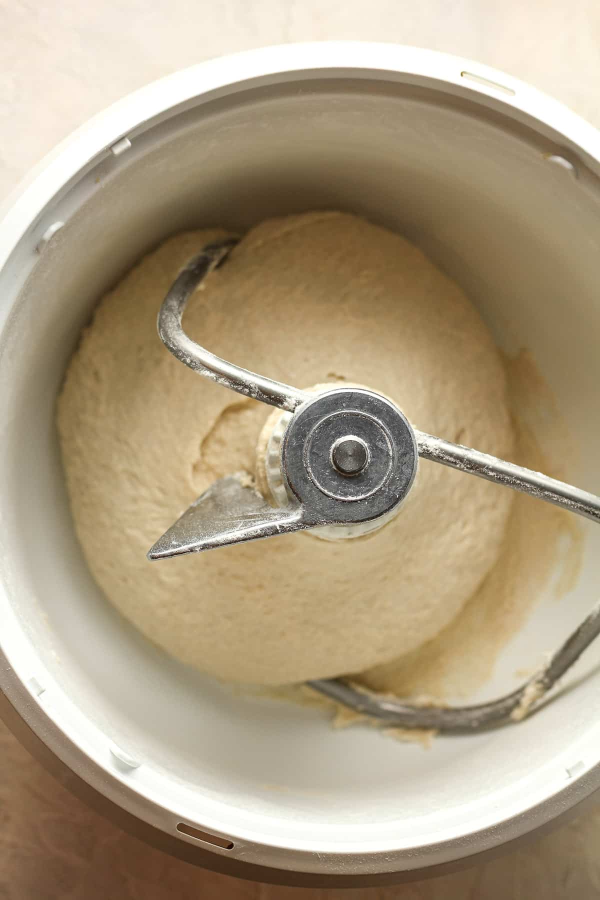 A mixer with the finished dough.