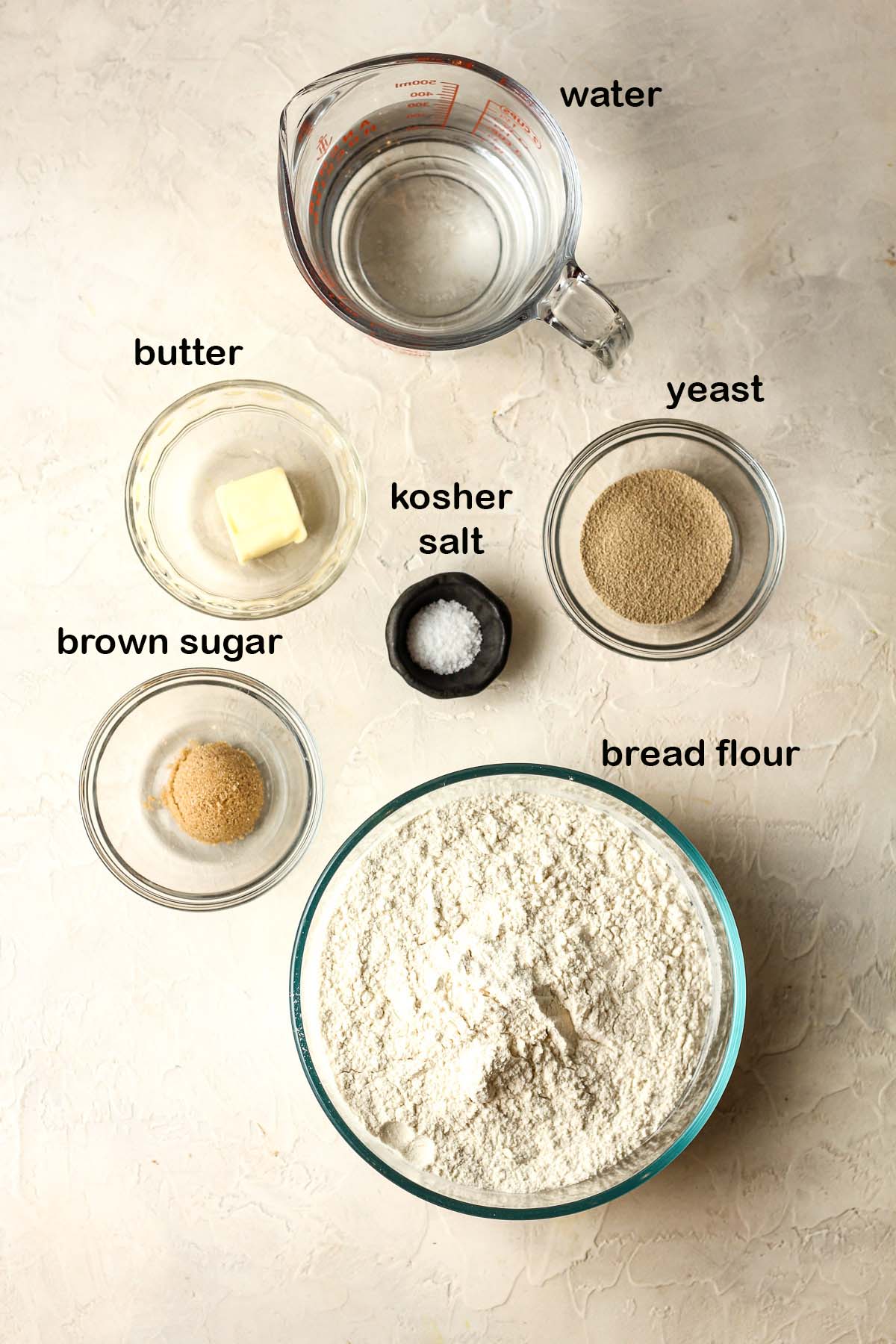 Labeled ingredients for homemade soft pretzels.