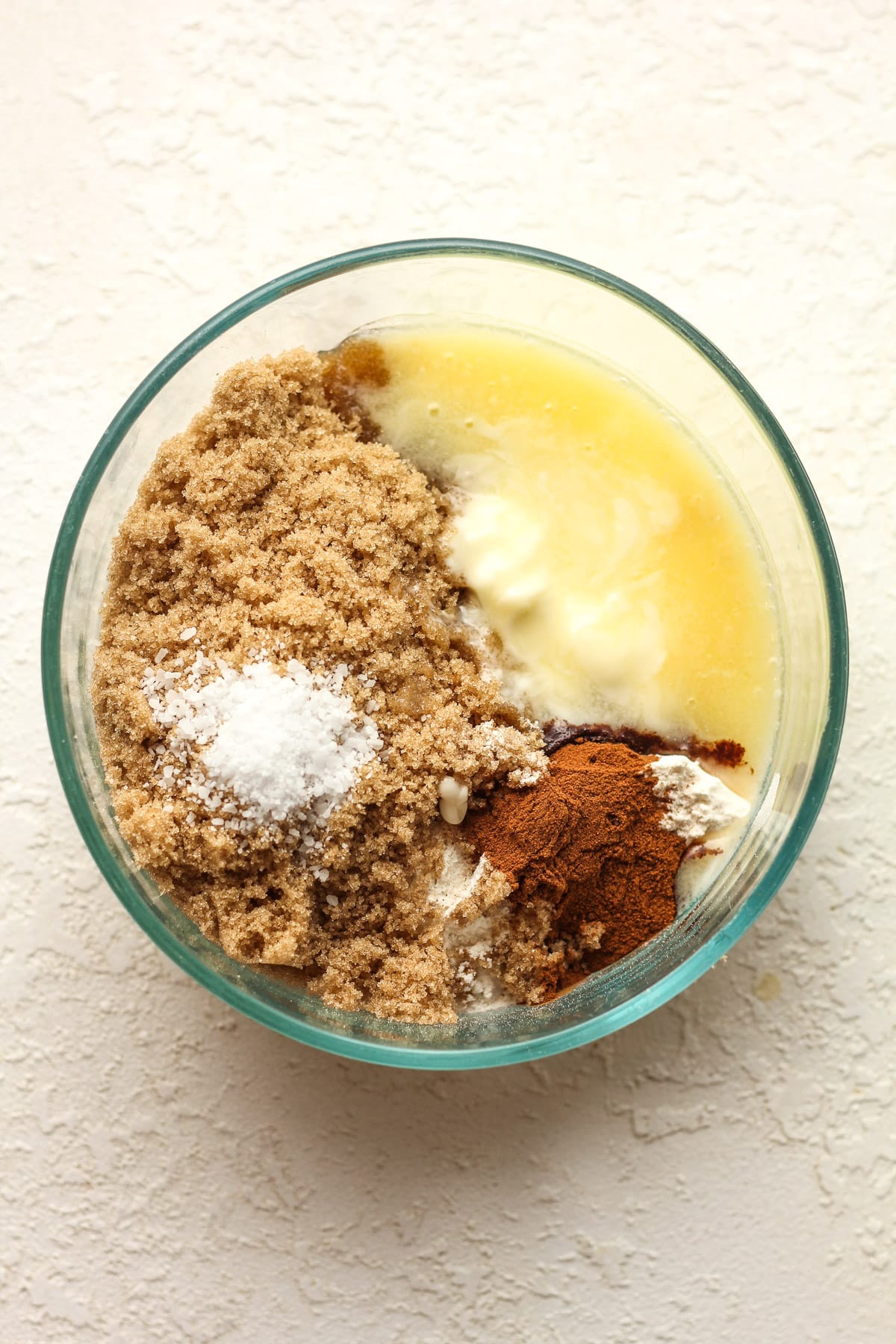 A bowl of the crumble topping before mixing together.