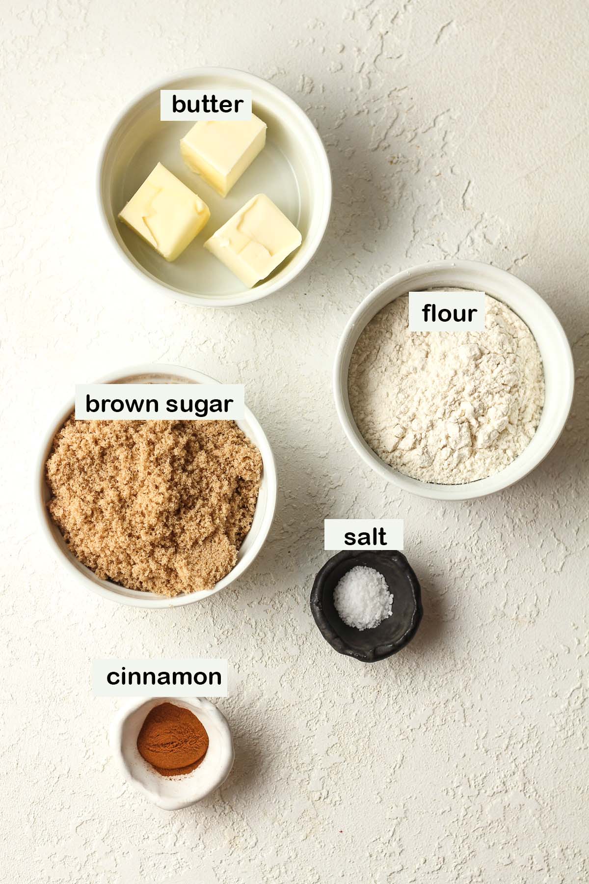 Labeled ingredients for the crumble topping.