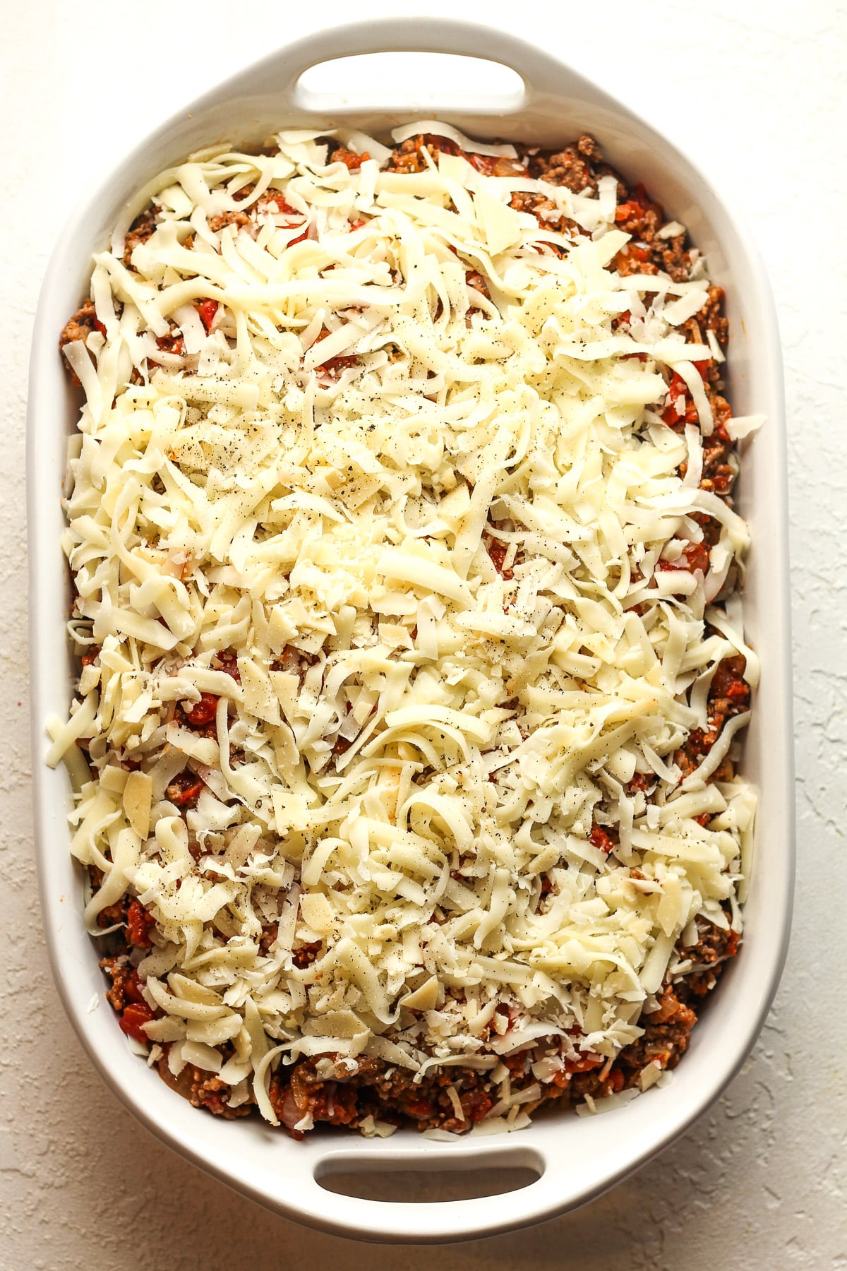 The prepped casserole before placing in the oven.