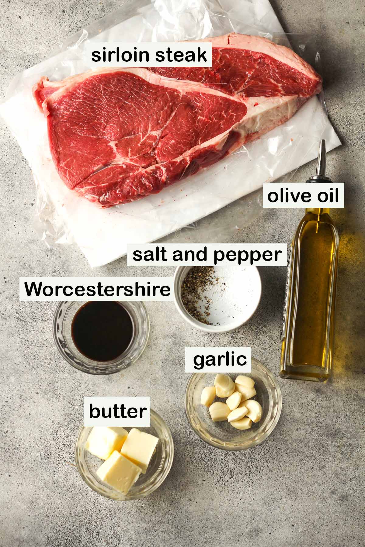 Labeled ingredients for garlic butter steak bites.