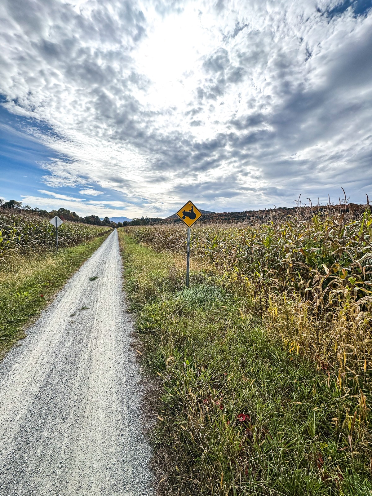 A view of the cornfields along the trail with a tractor sign.