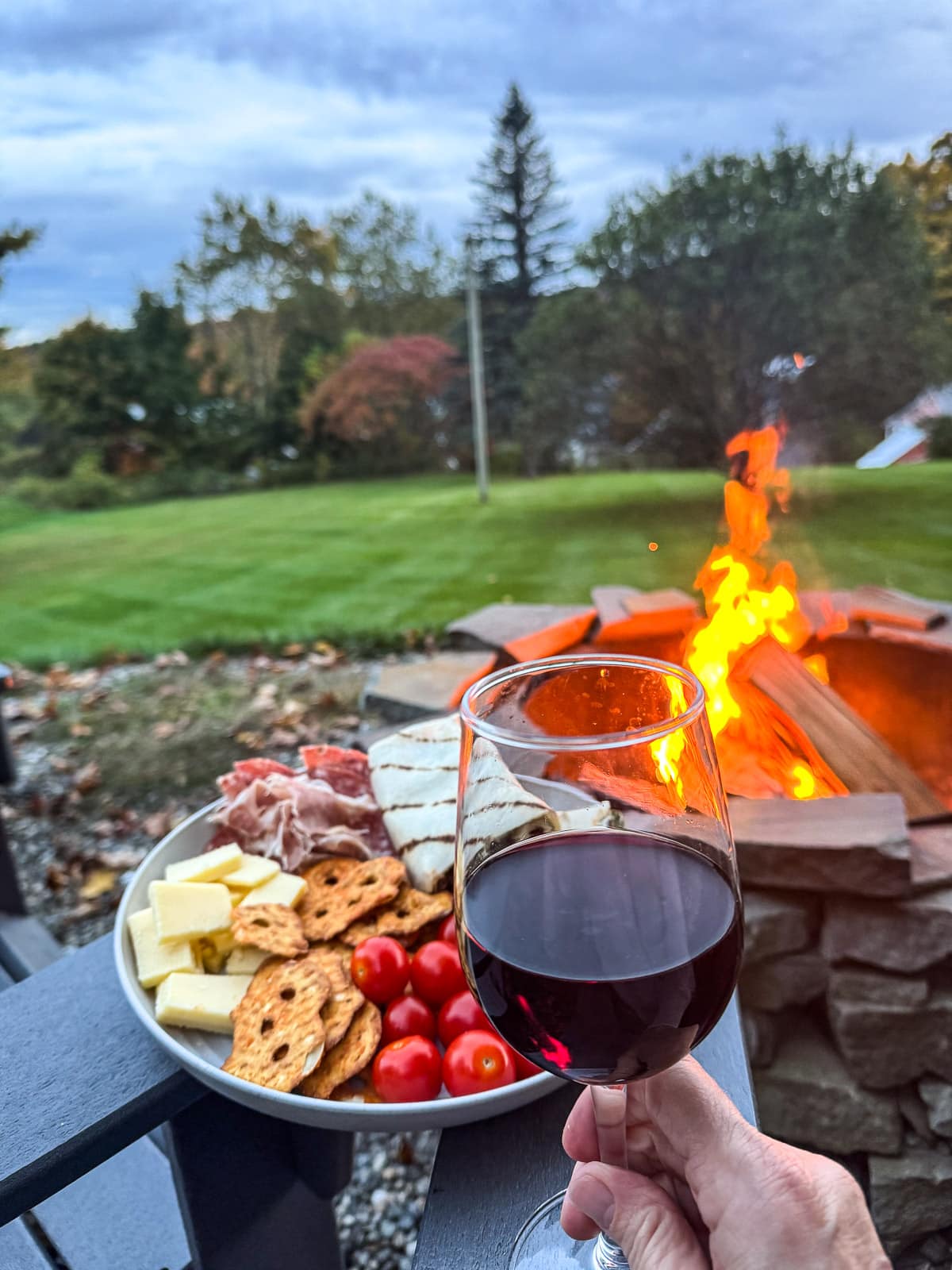 A view of our charcuterie and wine with the fire in the background.