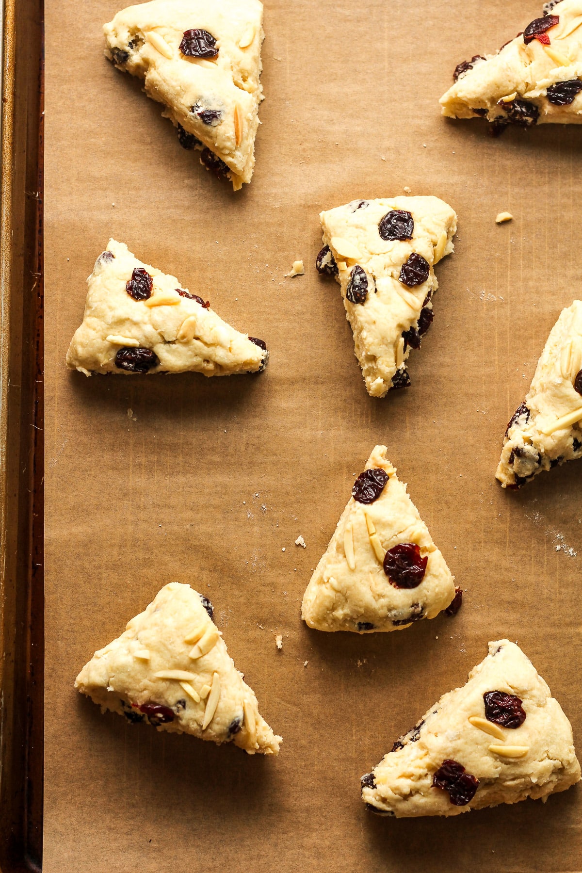 A pan of the triangular scones before baking.