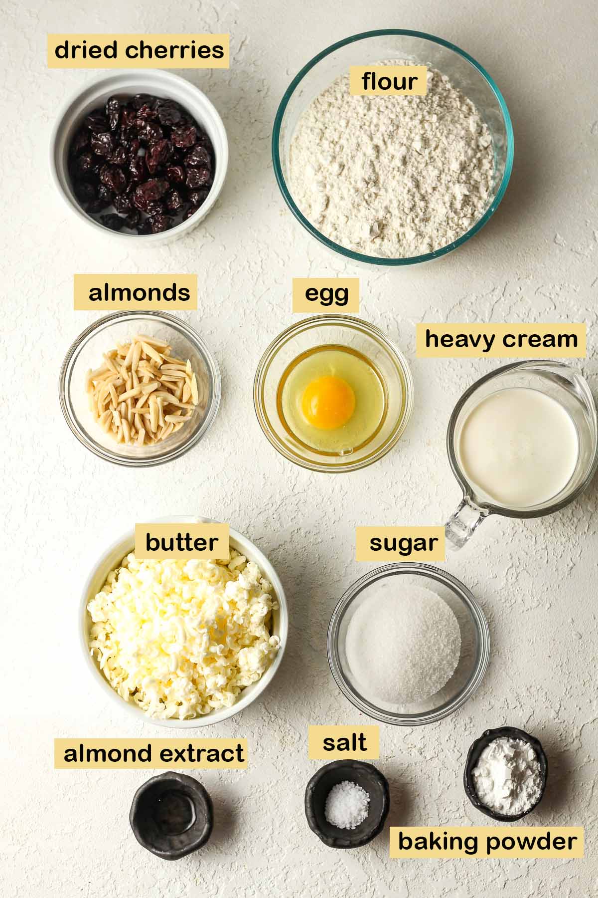 Labeled ingredients for the cherry almond scones.