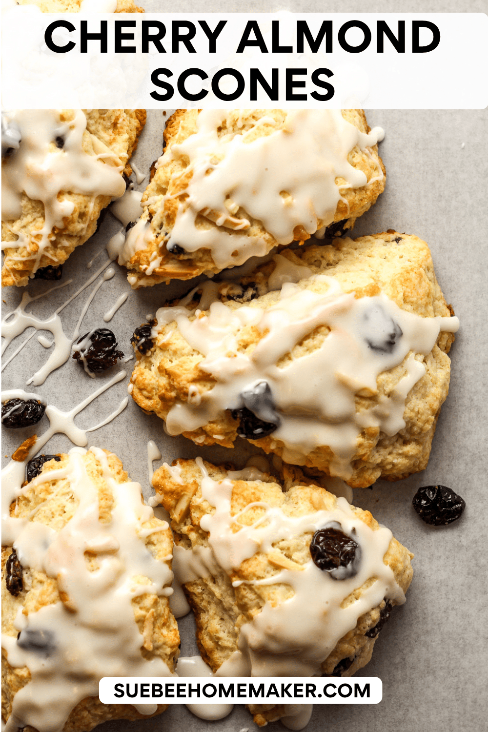 Overhead view of some iced cherry almond scones.
