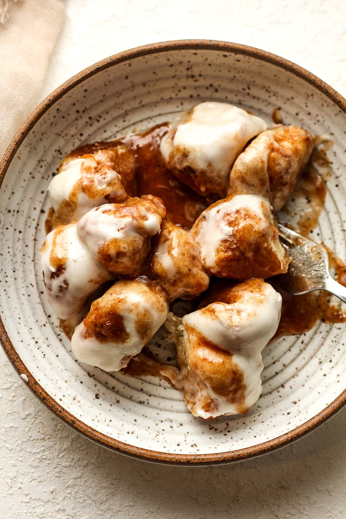 A serving of gooey cinnamon roll bites.