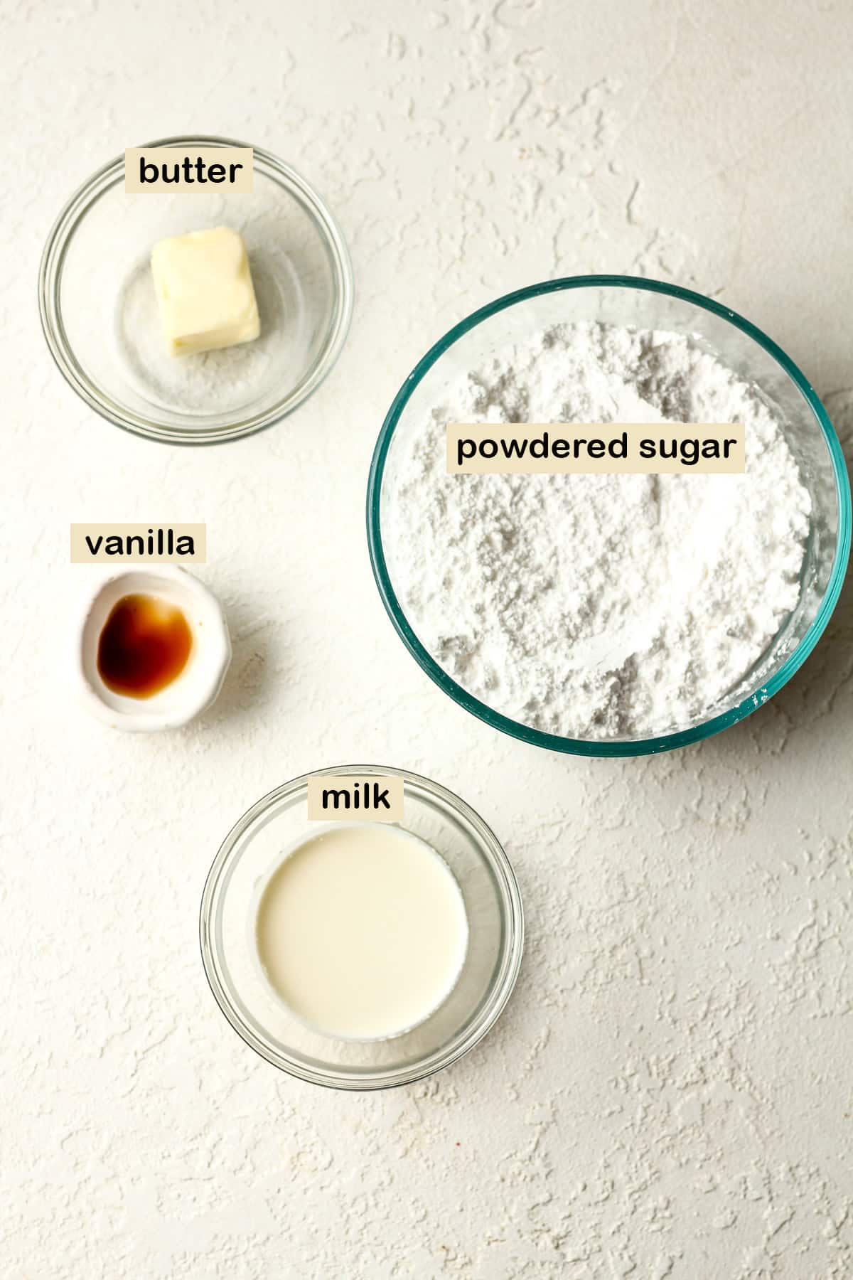 Labeled ingredients for the icing.