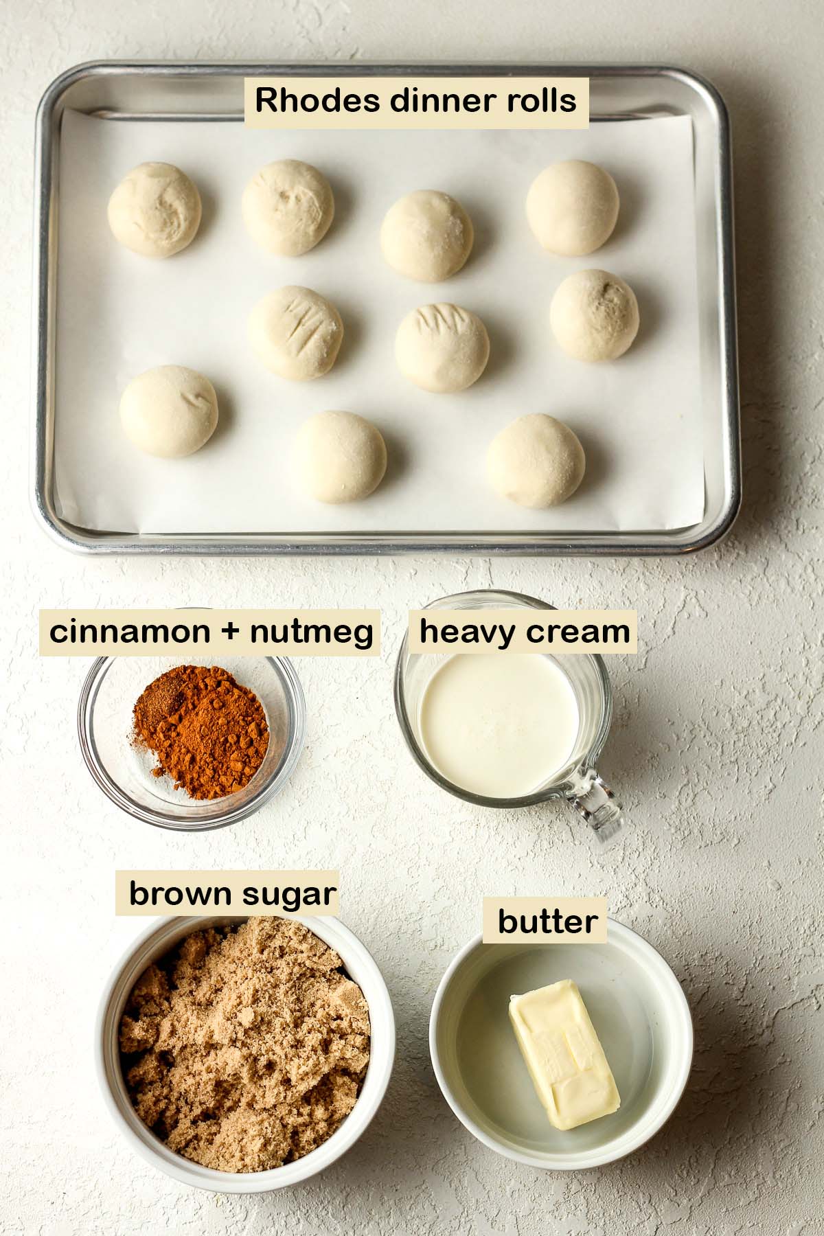Labeled ingredients for the cinnamon roll bites.